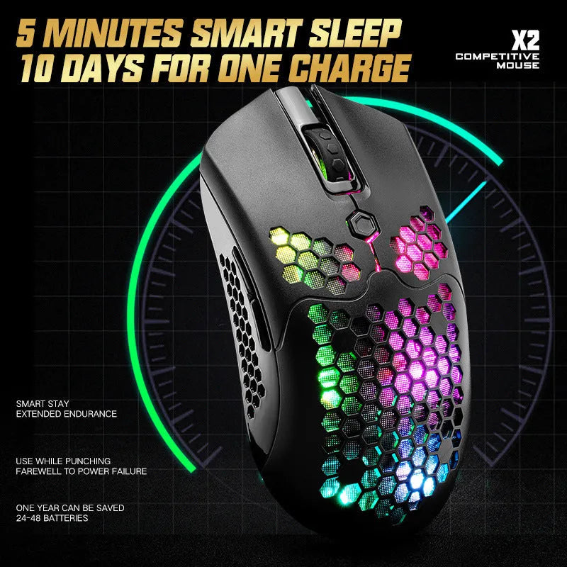 Free Wolf X2 wireless RGB gaming mouse in black with dual-mode connectivity