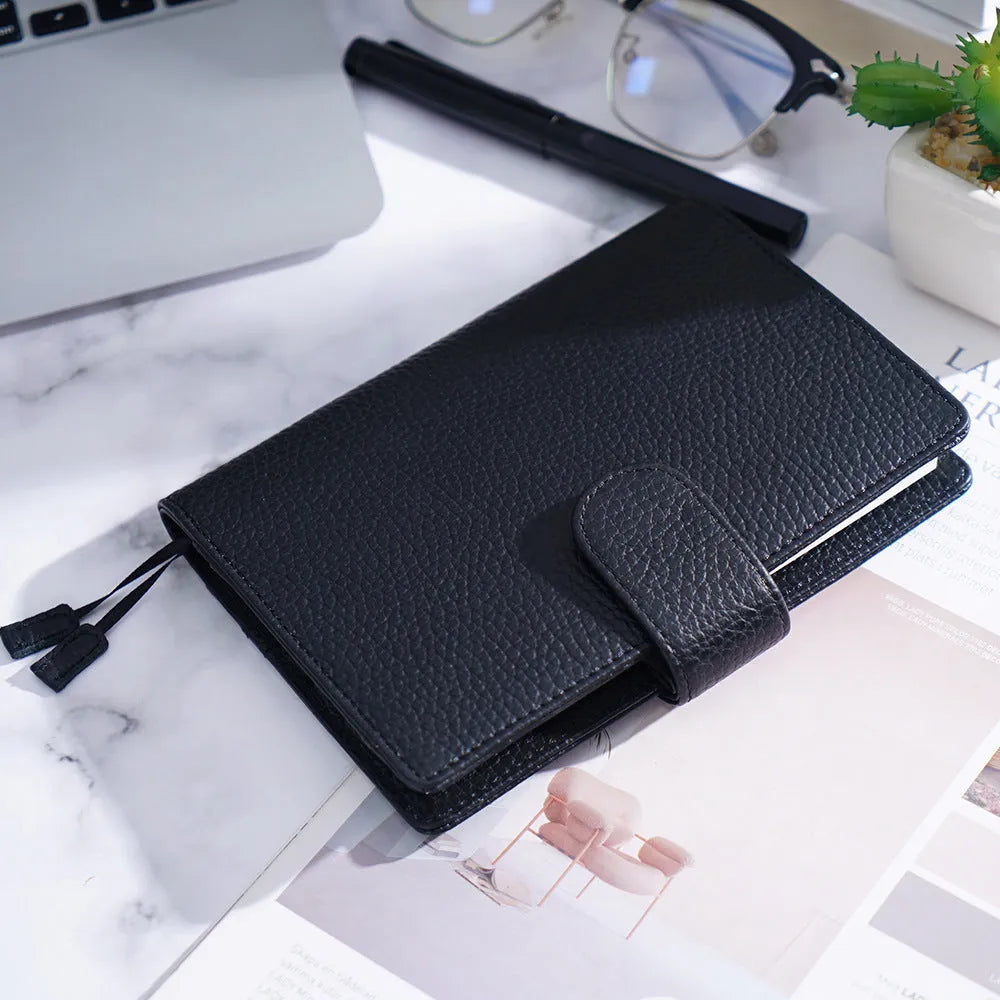 A6 loose-leaf diary with lychee pattern head layer cowhide cover in off white, pink, and white