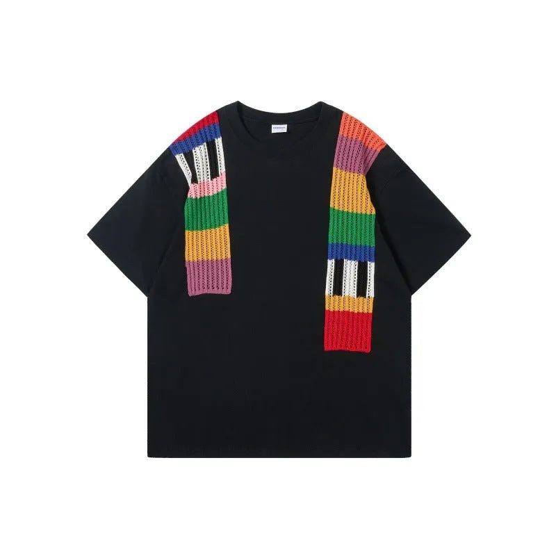 Cotton colour contrast patchwork round neck loose short sleeve pullover top with letter pattern in three colours