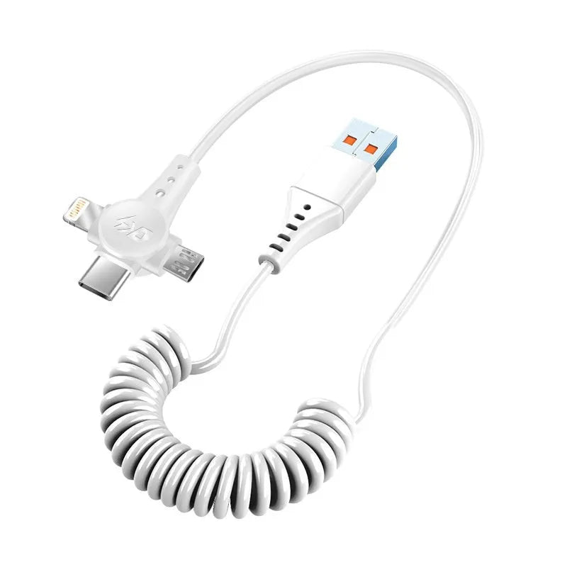 Black spring telescopic charging cable with Type-C, Lightning and Micro USB connectors extended to 1.5 metres
