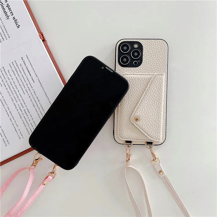 Lychee pattern card holder phone case in black with diagonal card slot and long rope