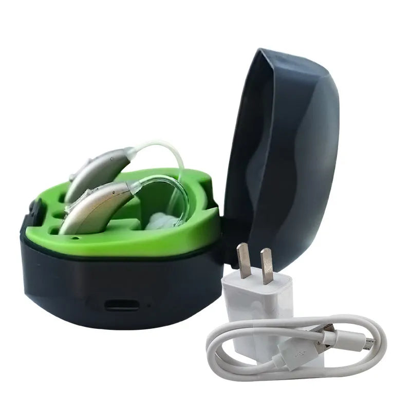 Wireless invisible hearing aid with rechargeable battery and USB charging case, available in binaural or single ear options
