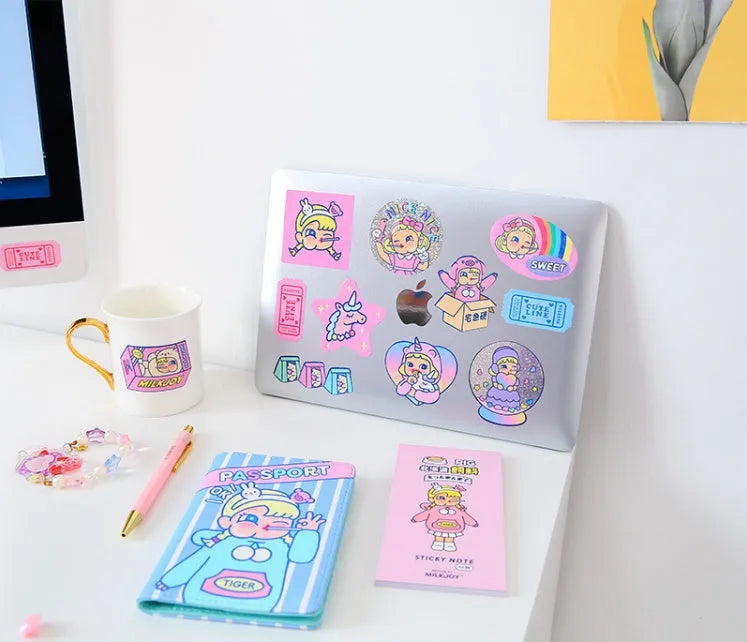 Cartoon sticker pack with 16 PVC stickers and storage box showing cute girl and heart designs