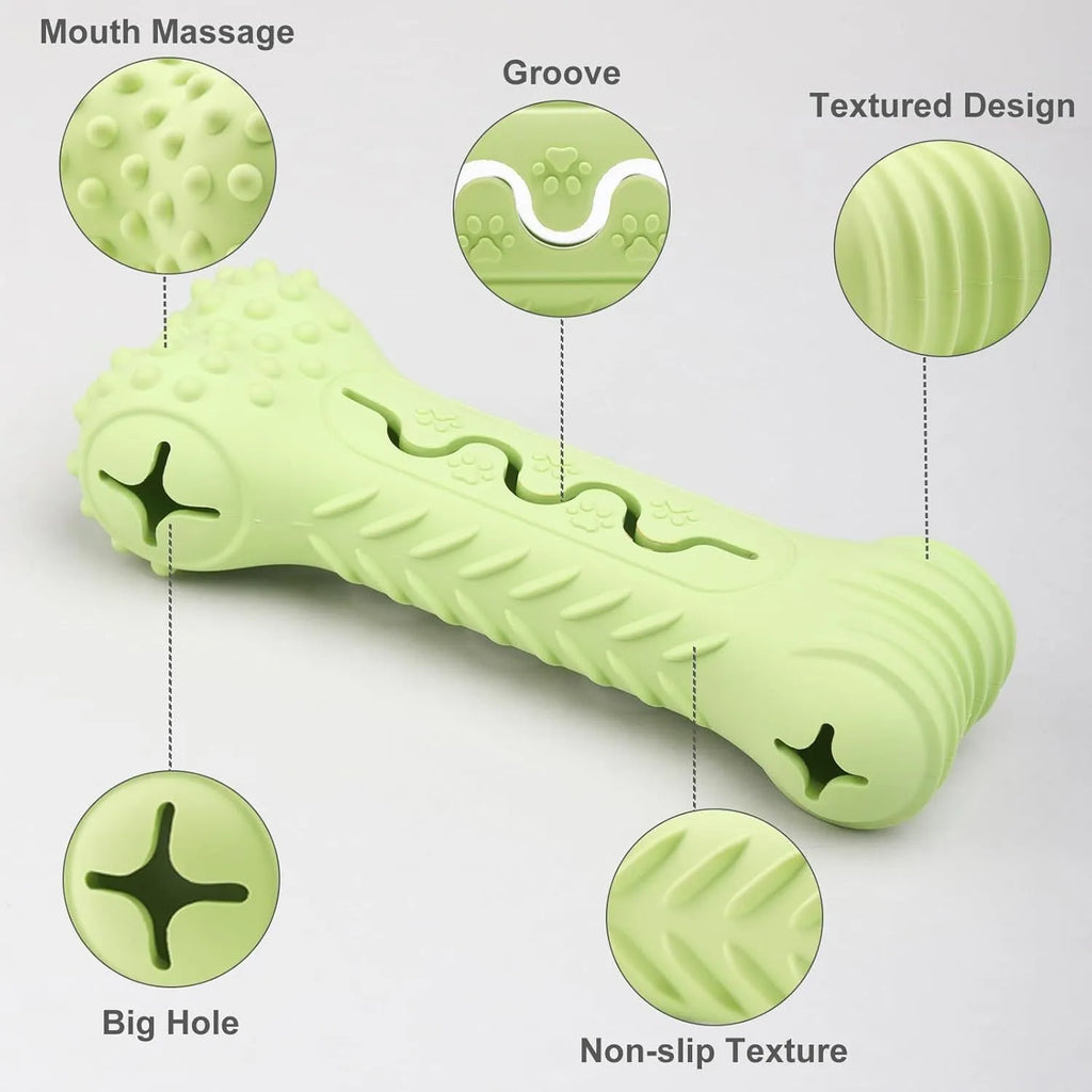 Natural rubber bone-shaped dog chew toy in blue, green, or orange colours with textured surface for teeth cleaning