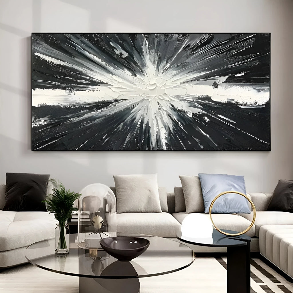 Abstract hand painted oil painting on canvas, black and white texture, horizontal orientation, for living room wall decor