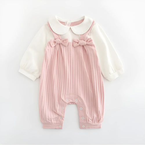 Pink long sleeve cotton baby jumpsuit with single-breasted front closure for a girl.