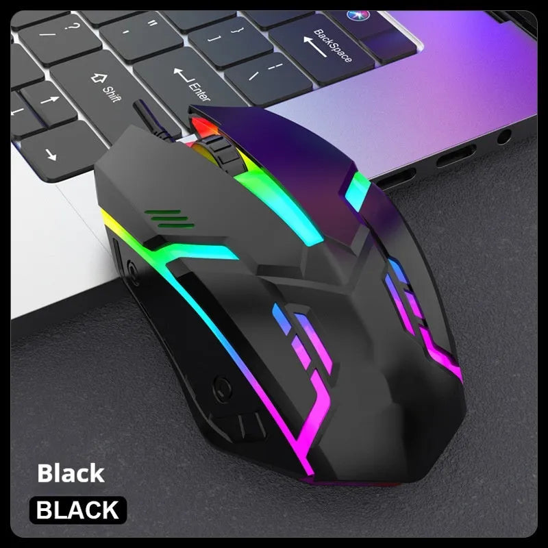 E-sports weighted wired USB gaming mouse in black on a desk