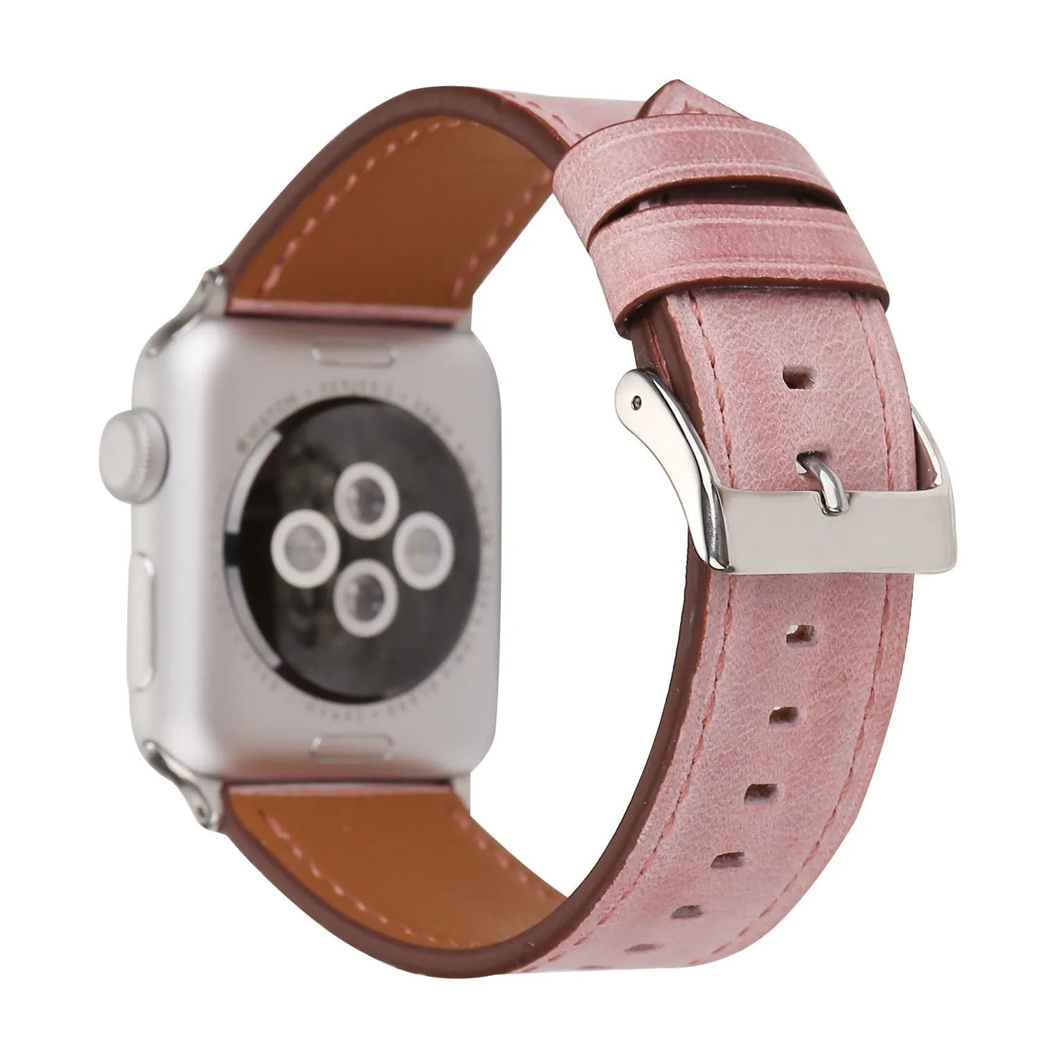 Blue leather watch strap with a silver folding buckle on a 42mm width watch case.