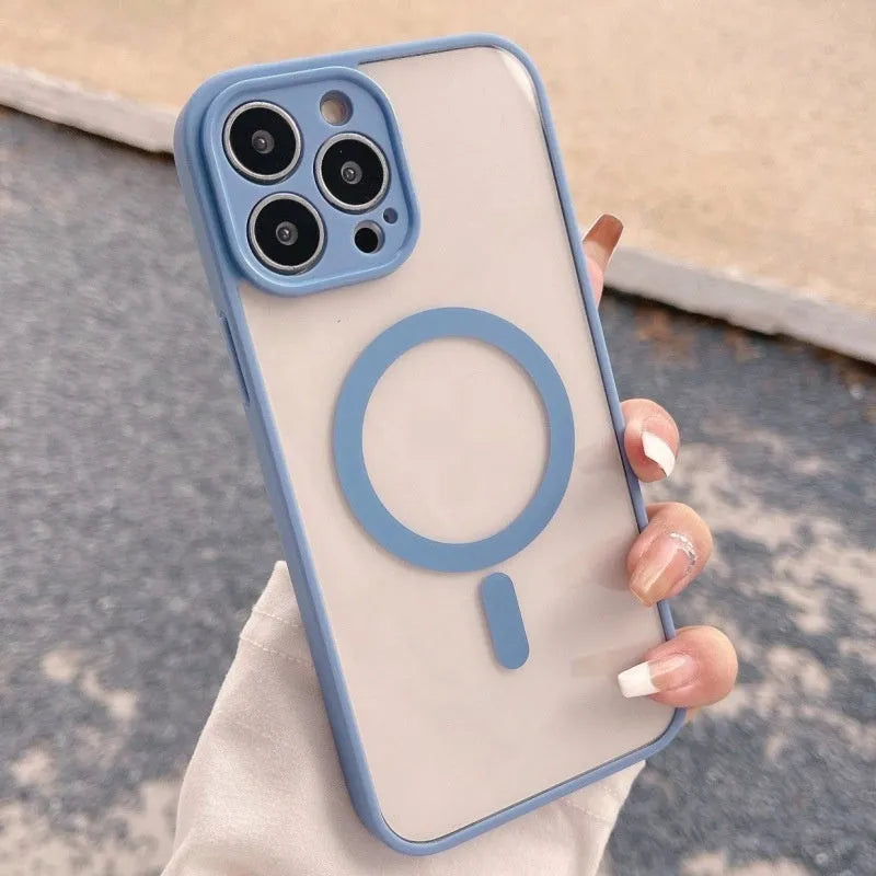 Transparent frosted magnetic hard PC phone case for iPhone with shockproof protection, available in multiple colours