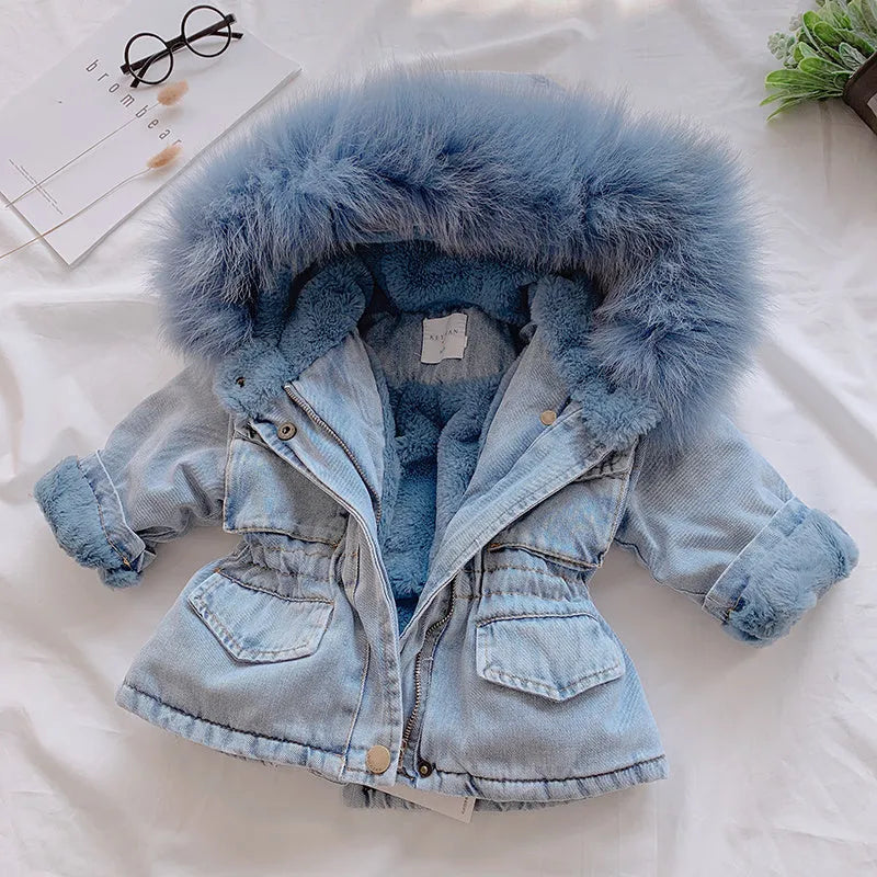 Girl's blue denim coat with an attached hood and plus velvet lining, shown on a hanger.