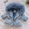 Girl's blue denim coat with an attached hood and plus velvet lining, shown on a hanger.