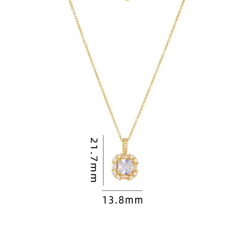Women's titanium steel geometric clavicle chain with quadrilateral mixed gem pendant on water wave chain