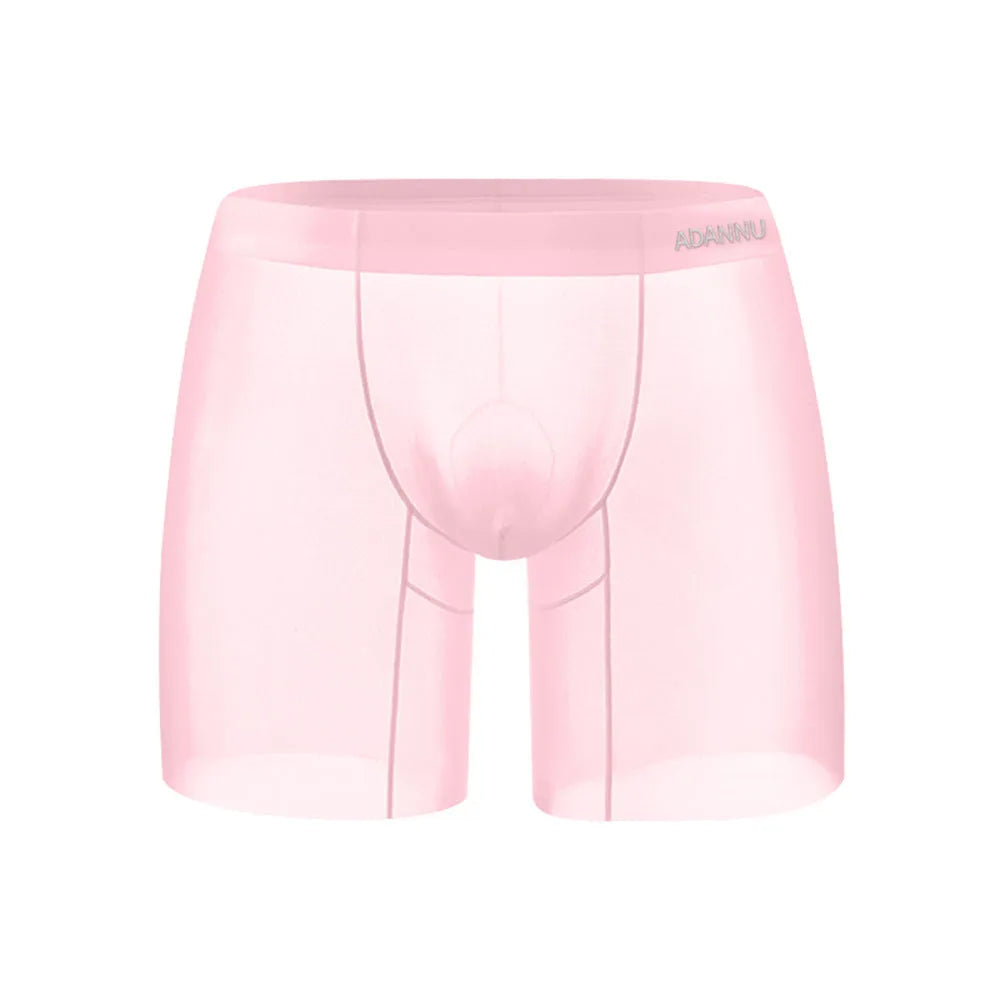Seamless men's low-waist sports boxer shorts in orange nylon fabric, showing hip-lift design.
