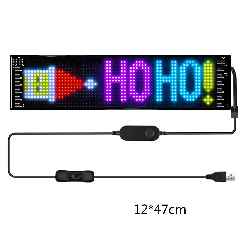 Programmable LED car sign displaying custom text on 7x17cm full-colour screen with flexible design