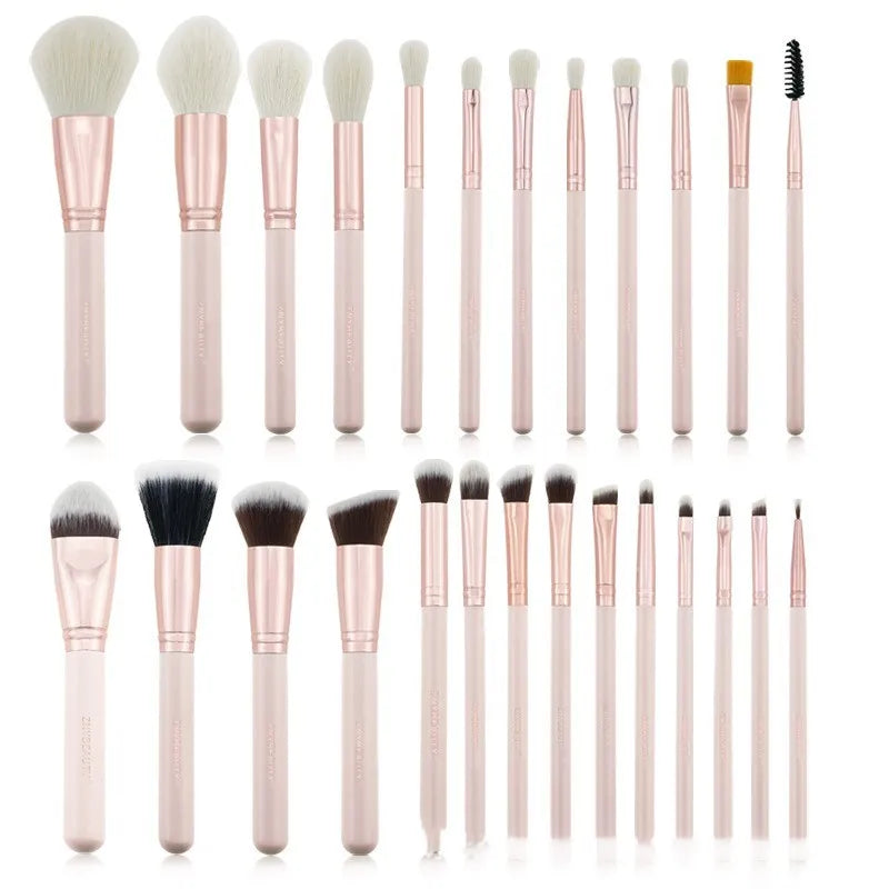 26-piece pink professional makeup brush set with wooden handles and wool bristles for face application