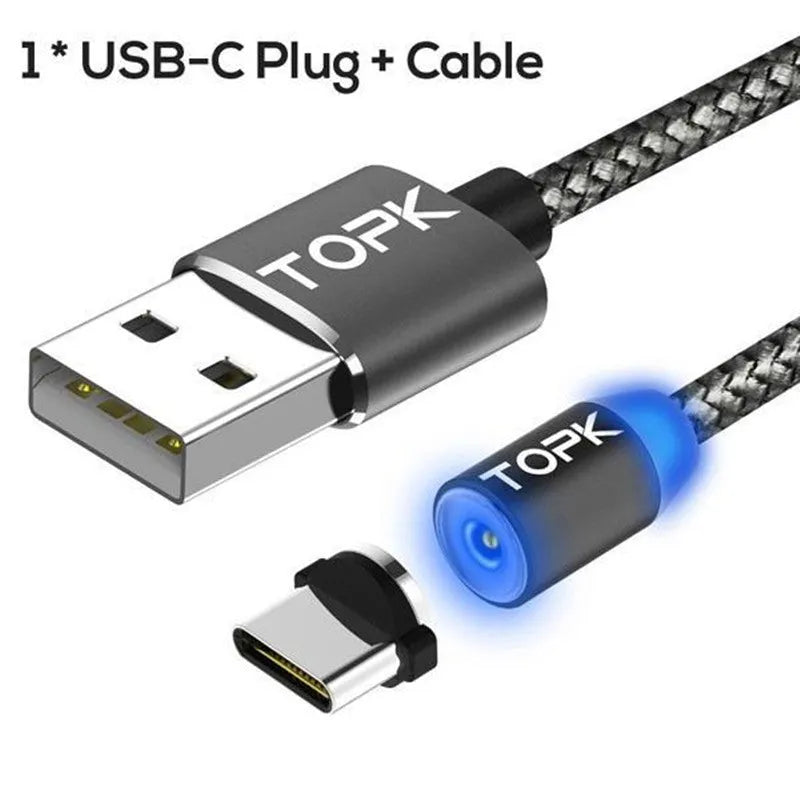 Magnetic data cable with three interchangeable plugs for Android, Apple and Type-C devices, aluminium alloy shell, fast charge at 2.1A