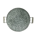 Round wrought iron storage tray in European style, shown in two size options.