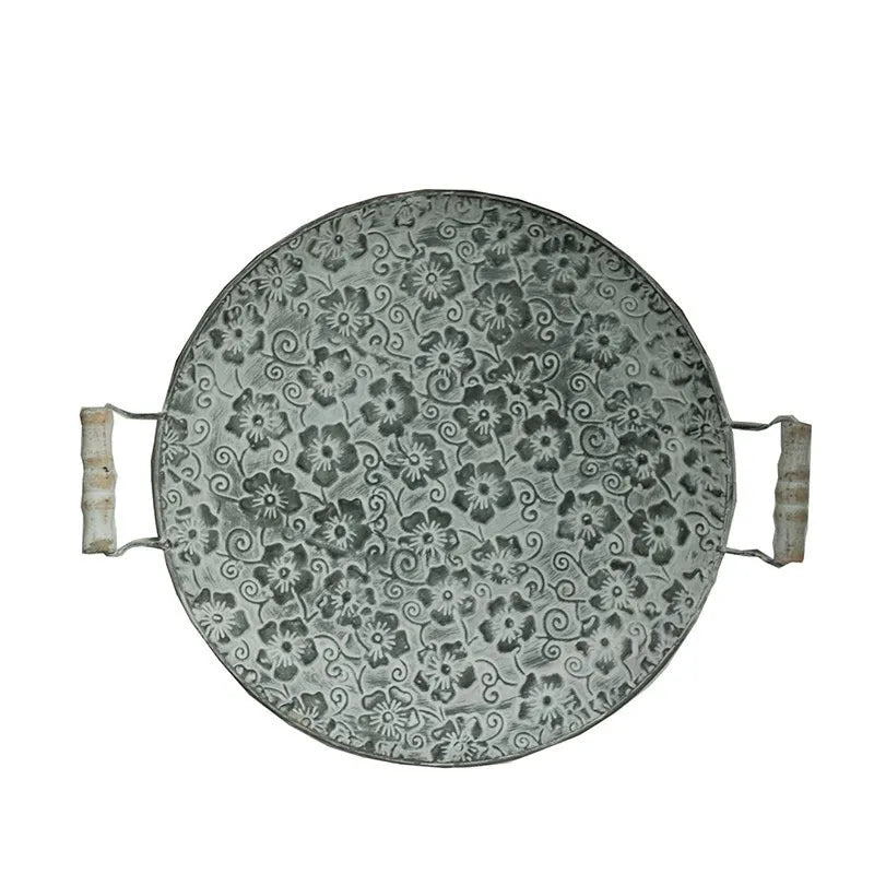 Round wrought iron storage tray in European style, shown in two size options.