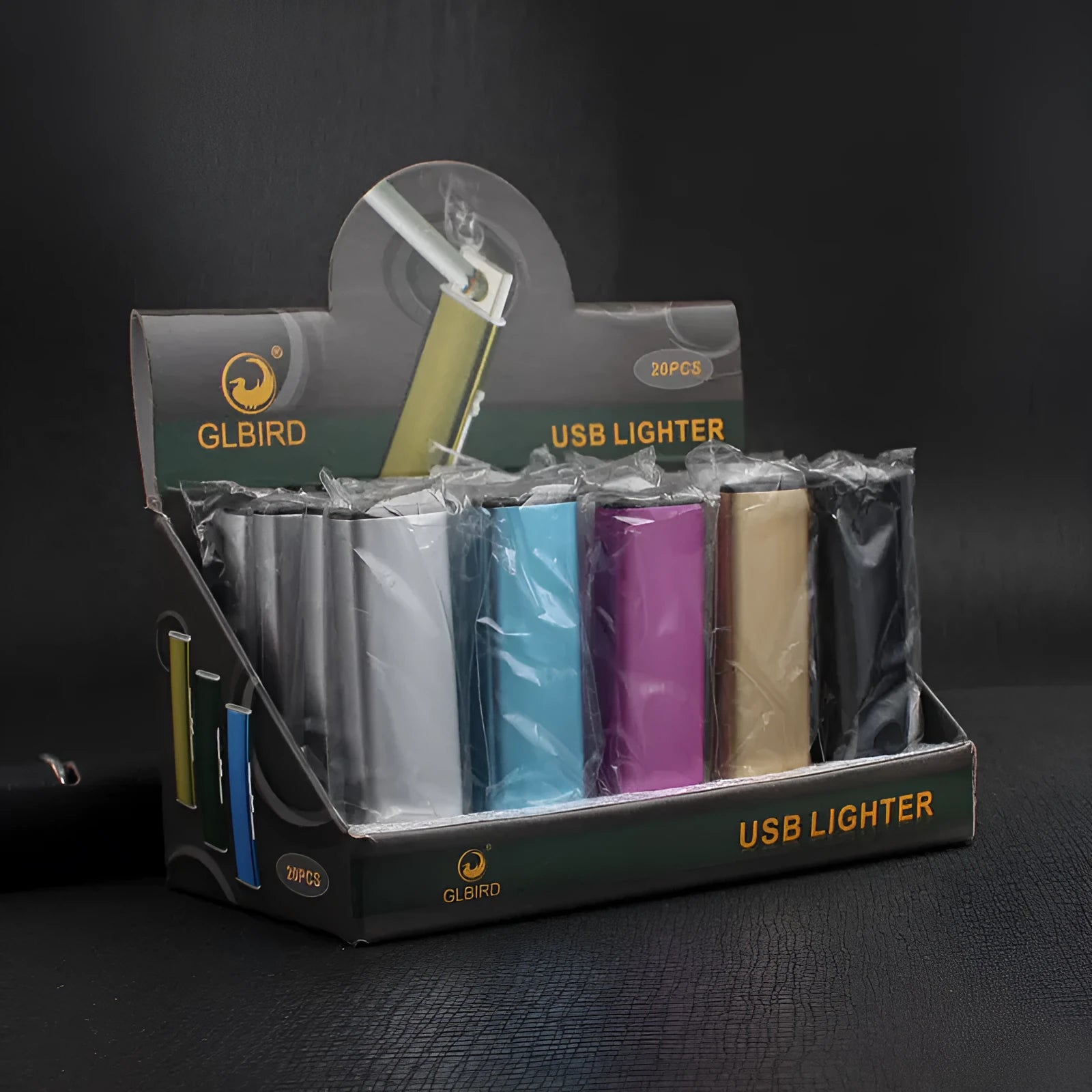 Set of 20 rechargeable metal windproof cigarette lighters in assorted colours with USB charging cable.