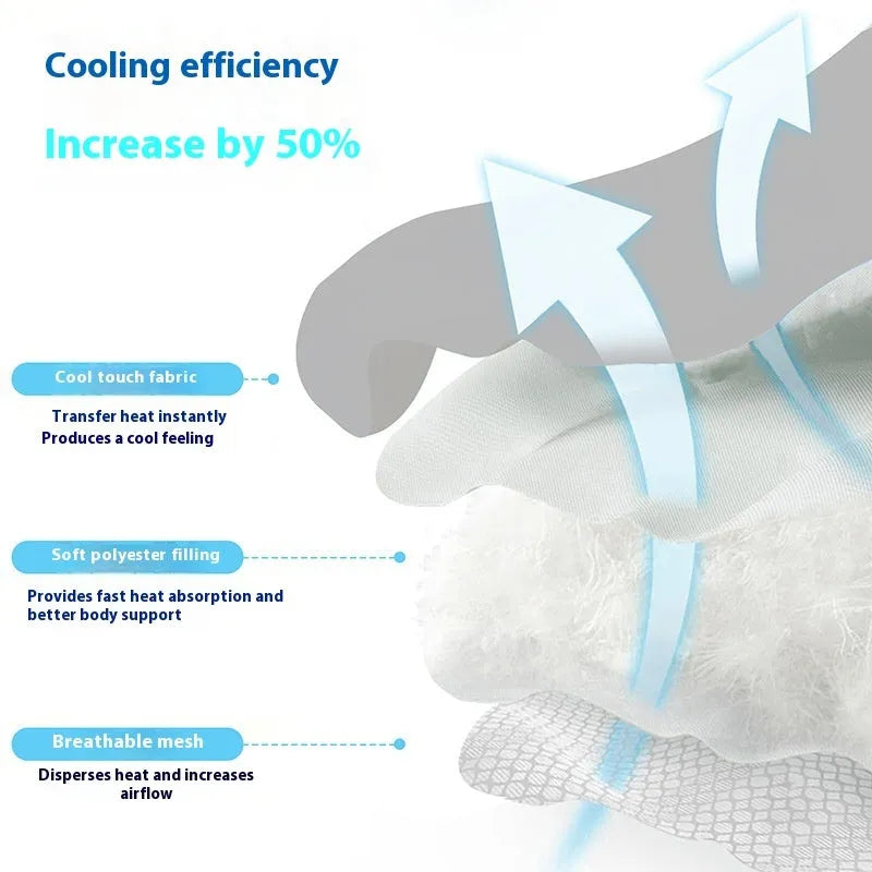 Dog head shaped ice silk cooling mat for pets in grey, green or rice colours on a wooden floor