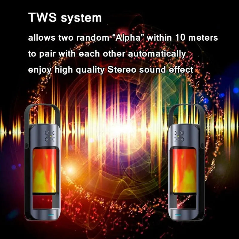 Blue Alpha Flame portable Bluetooth speaker with dancing light effect and wireless charging capability