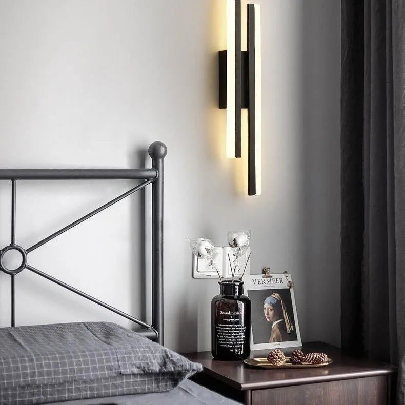 Modern minimalist Scandinavian LED wall light with acrylic shade in black or gold finish, shown in 48cm, 50cm, and 65cm sizes.