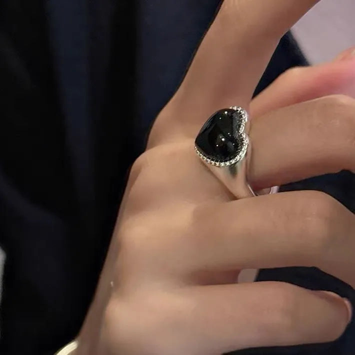 S925 sterling silver ring with black heart agate stone and adjustable opening