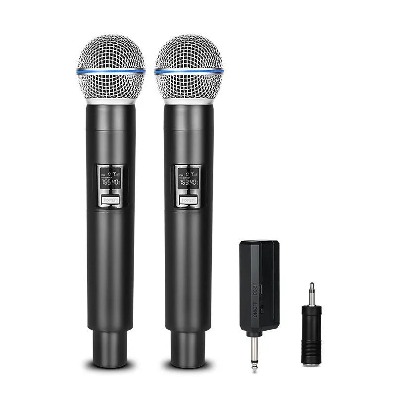 2.4G wireless handheld microphone set with two microphones and one receiver, noise reduction, rechargeable battery, silver network.