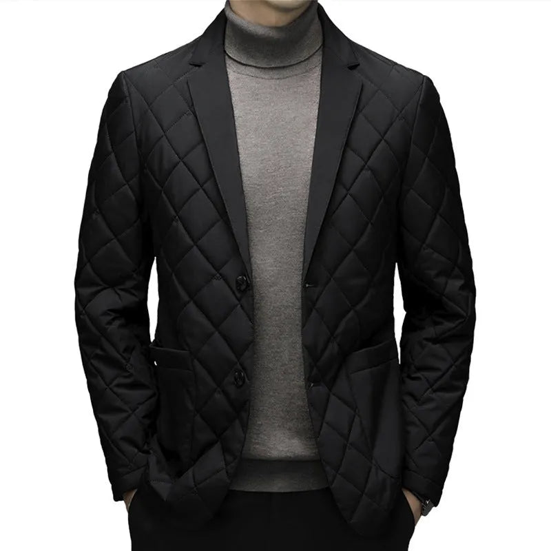 Men's black lapel down jacket with side pockets on a grey background