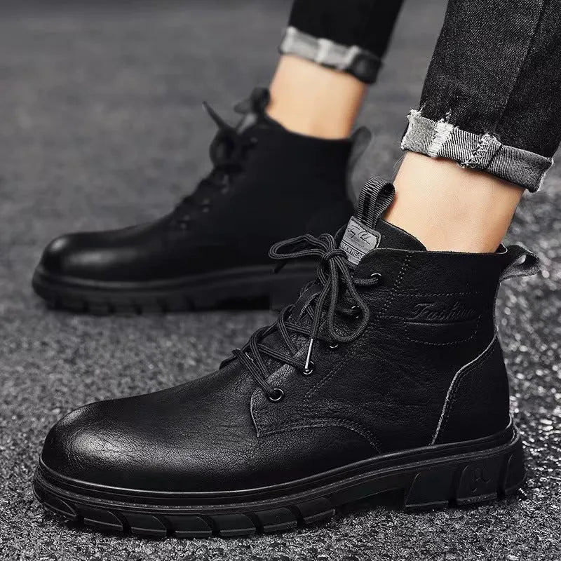 Men's black PU leather high-top Martin boots with stitching, square heel, and front lacing
