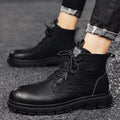 Men's black PU leather high-top Martin boots with stitching, square heel, and front lacing