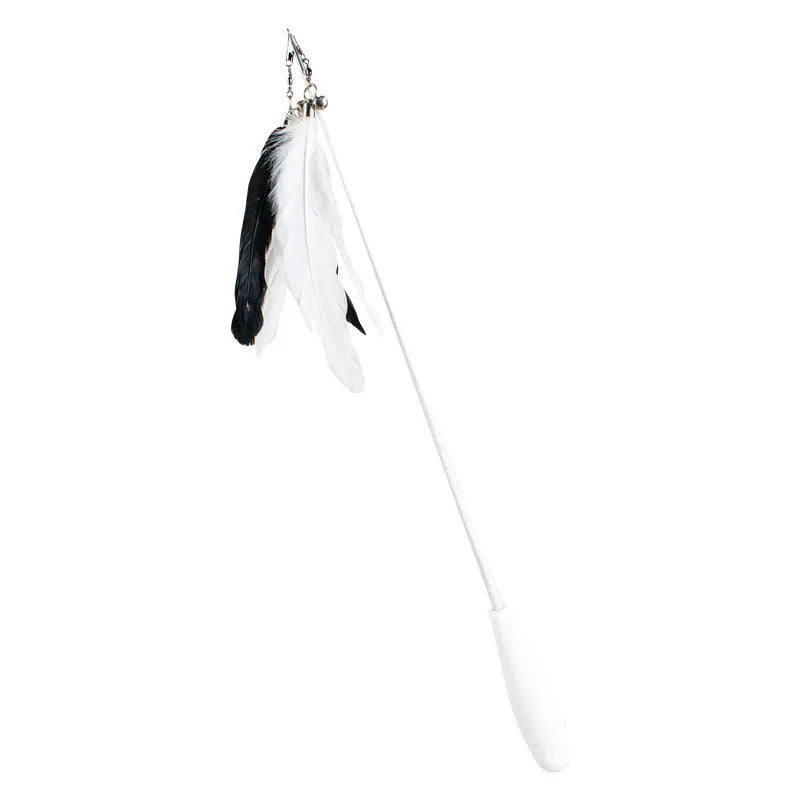 Telescopic cat fishing rod toy with goose feather lures and a bell, shown extended and collapsed.