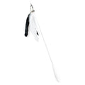 Telescopic cat fishing rod toy with goose feather lures and a bell, shown extended and collapsed.