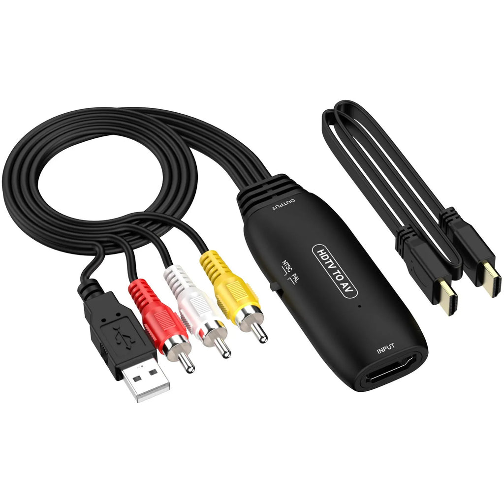 HDMI to AV converter cable with 110cm length showing HDMI connector and AV output options
