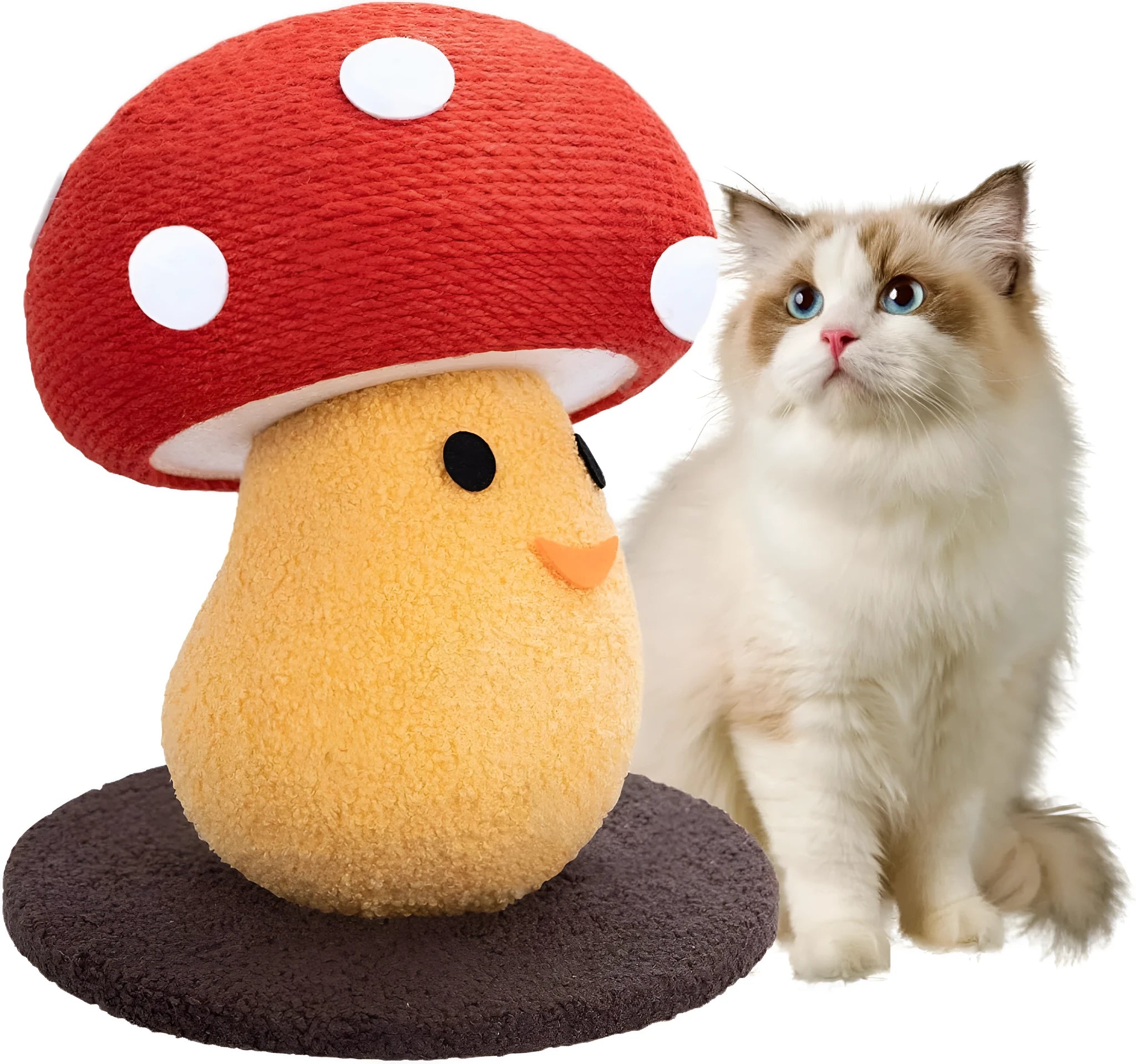 Mushroom-shaped grey corrugated cardboard cat scratcher lounge with accordion-folded sides
