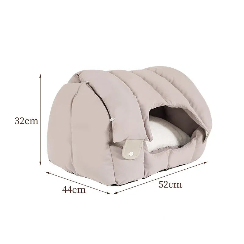 Grey arched cat nest showing both enclosed and sofa configurations for cats and dogs
