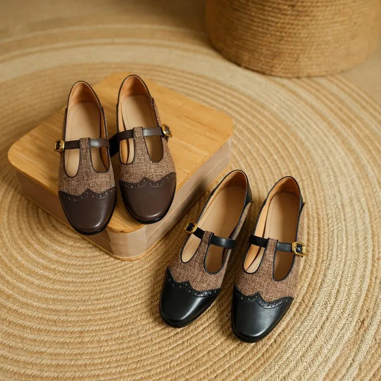 Women's Mary Jane pumps with low chunky heel, T-strap, black cowhide upper, round toe, sizes 34-40