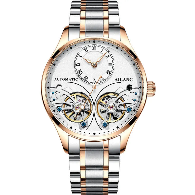 Automatic men's wristwatch with titanium case, round black dial showing tourbillon and moon phase.