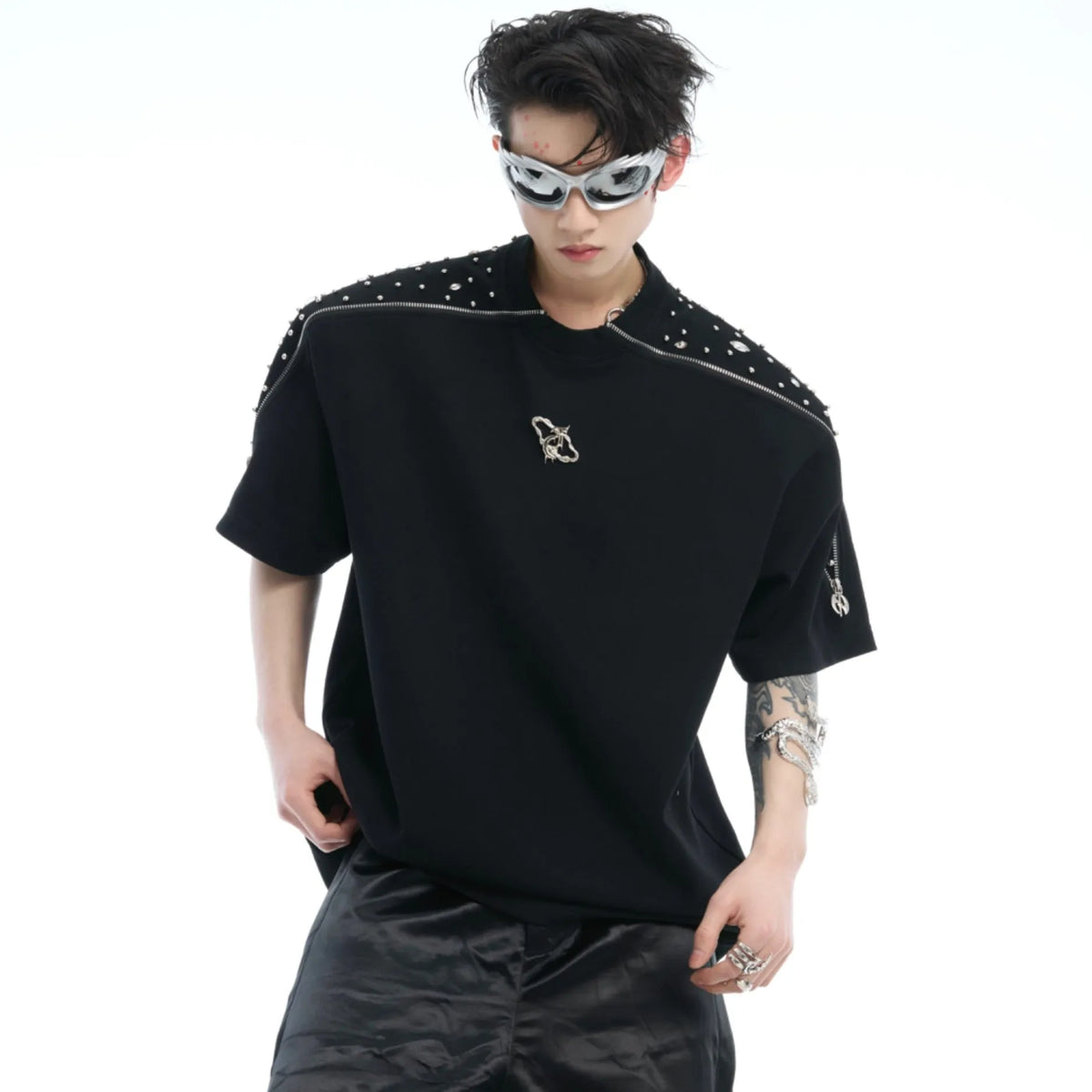 White loose fit short sleeve t-shirt with rhinestone metal zipper patchwork detailing for women