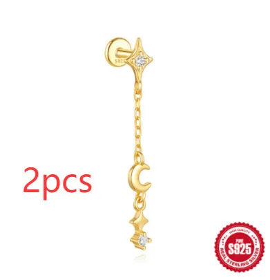 S925 sterling silver moon and star earrings with embedded diamond accents in a gold colour finish.