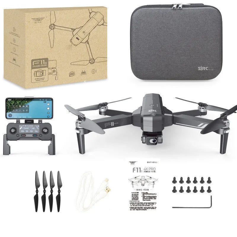 Black F11s PRO GPS folding drone with 4K camera and gimbal, shown in both expanded and compact folded sizes.