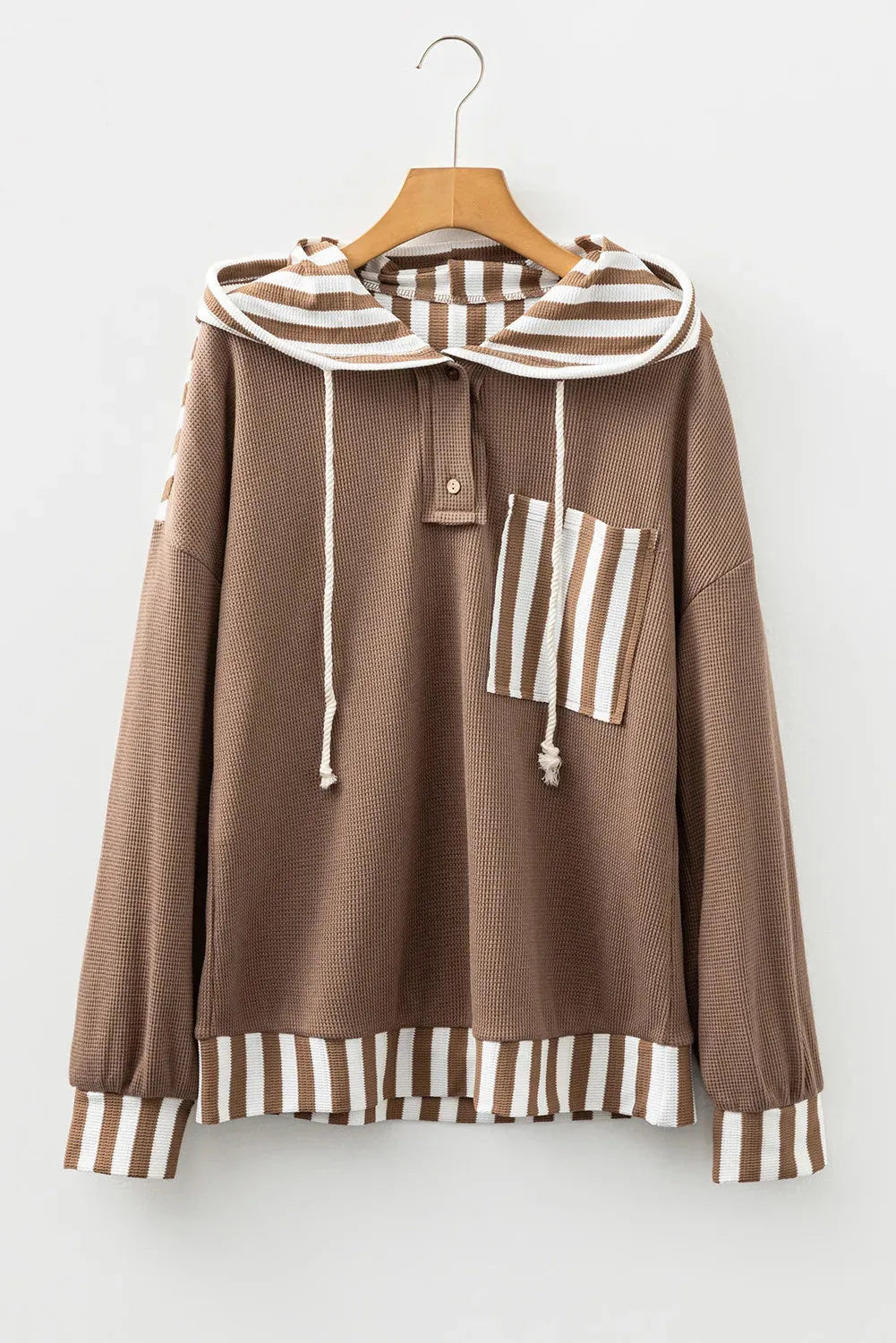 Straw yellow waffle texture hoodie with striped patchwork and button neck closure