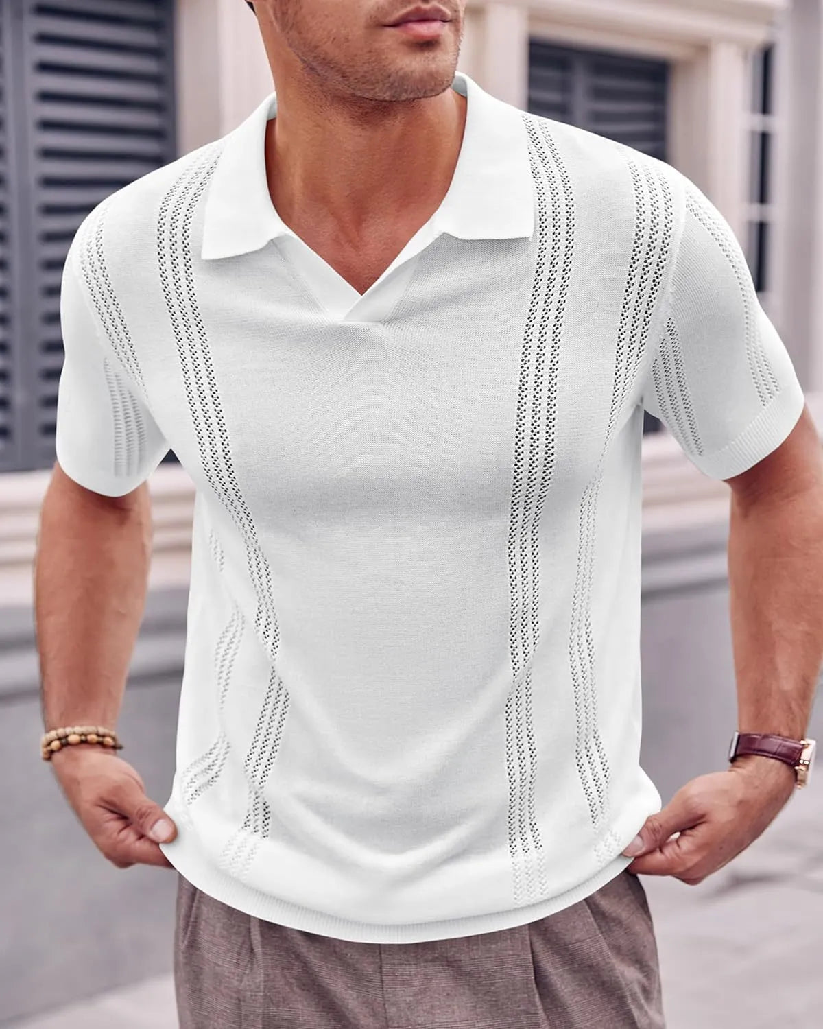 Men's knitted polo shirt short sleeve V-neck hollow in black cotton blend loose fit