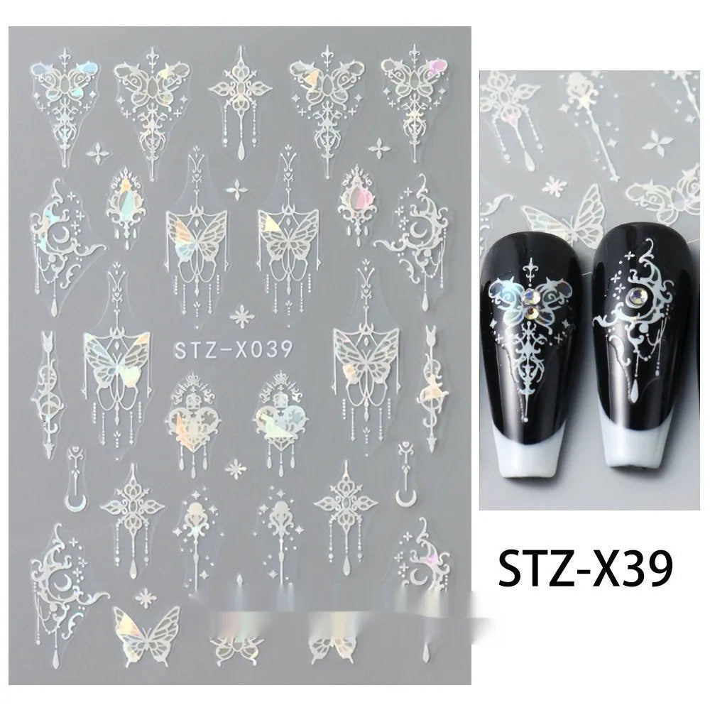 Black and silver stripe nail art sticker with a love pattern design on a plastic sheet.