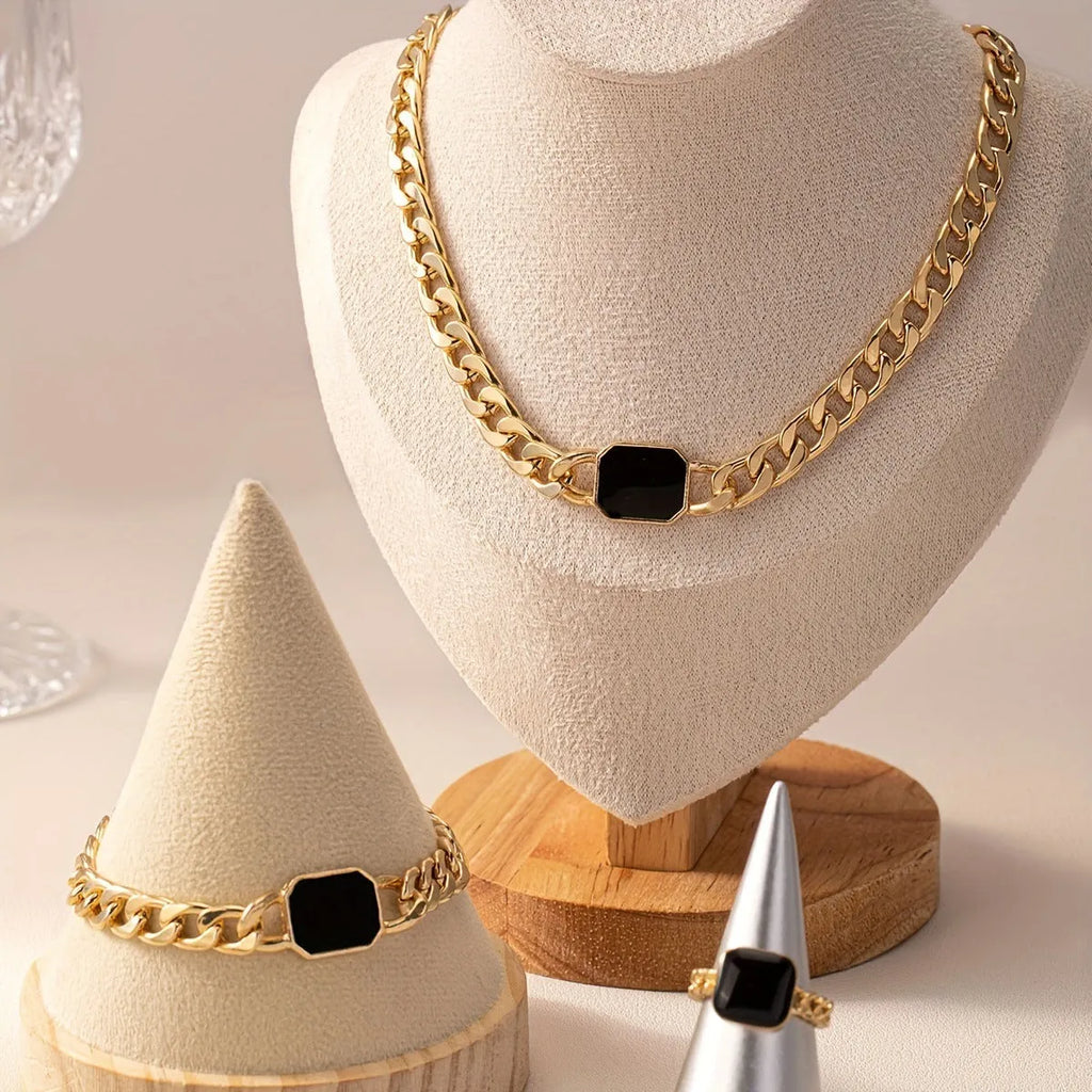 Geometric square chain jewellery set with necklace bracelet and ring in black electroplated alloy