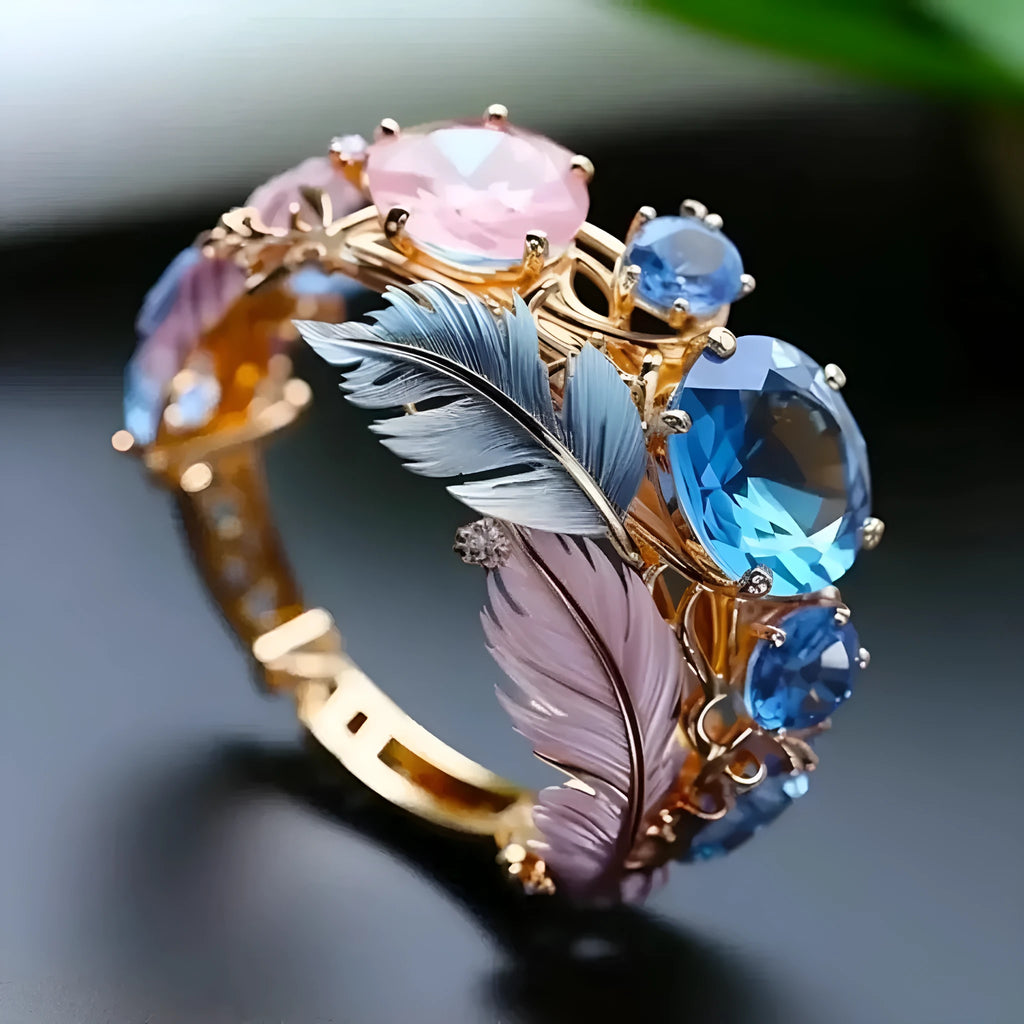 Embossed feather ring with colourful zircon detailing on geometric brass band
