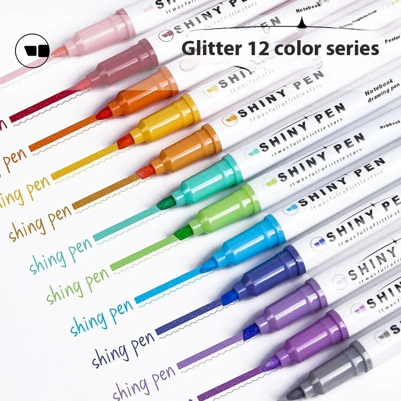 Glitter fluorescent highlighter pen with slanted 4mm tip and ABS plastic body in box packaging