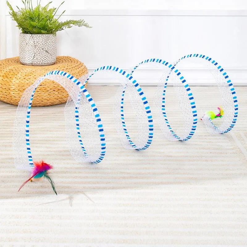 Blue and yellow cat toy set with fabric tunnel and long teasing stick with feathers