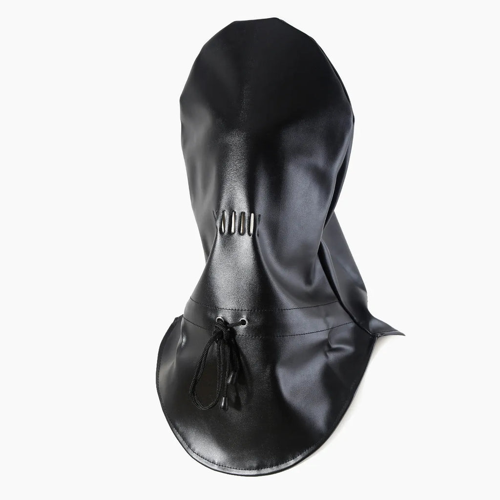 Black leather fetish headgear mask with adjustable straps for training props