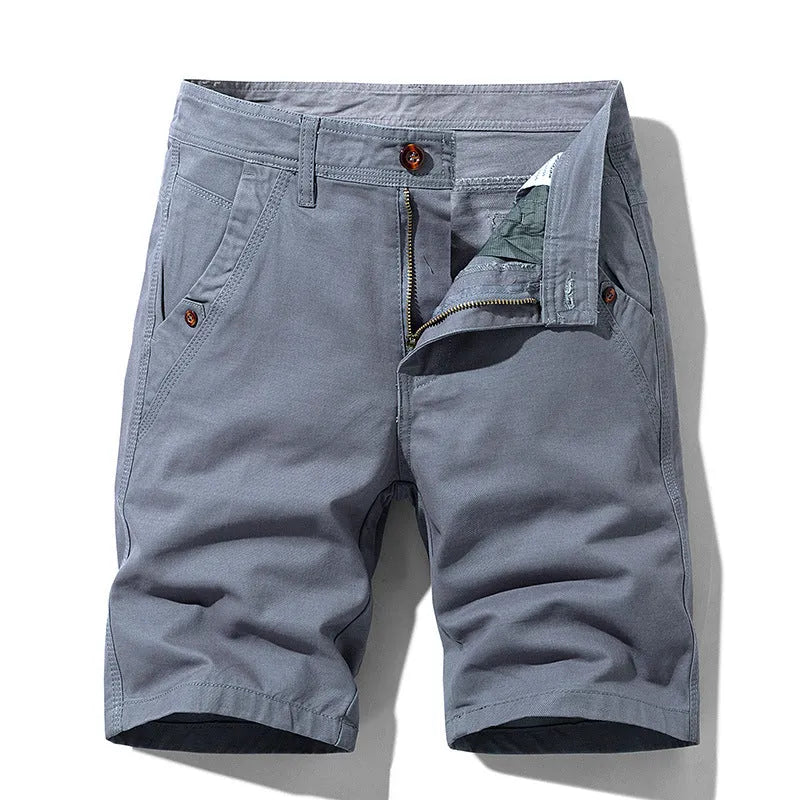 Men's khaki cotton casual overalls with straight legs and a zip fly front closure